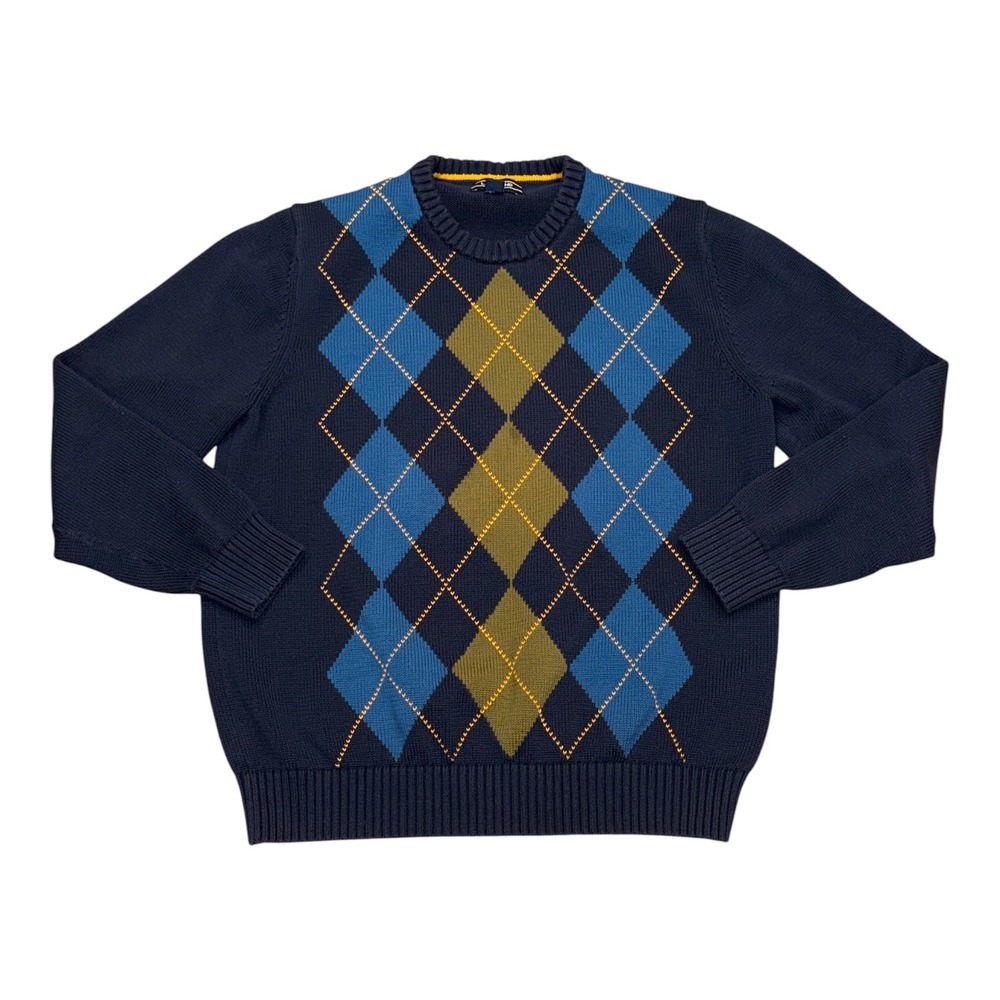 Lands End Mens Drifter Argyle Sweater Navy Blue Crew Neck Pullover Large 42-44